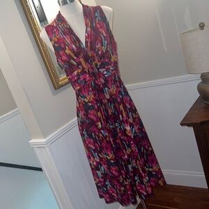 Jones New York A-line multicolor floral ruched midi sleeveless summer dress. 8